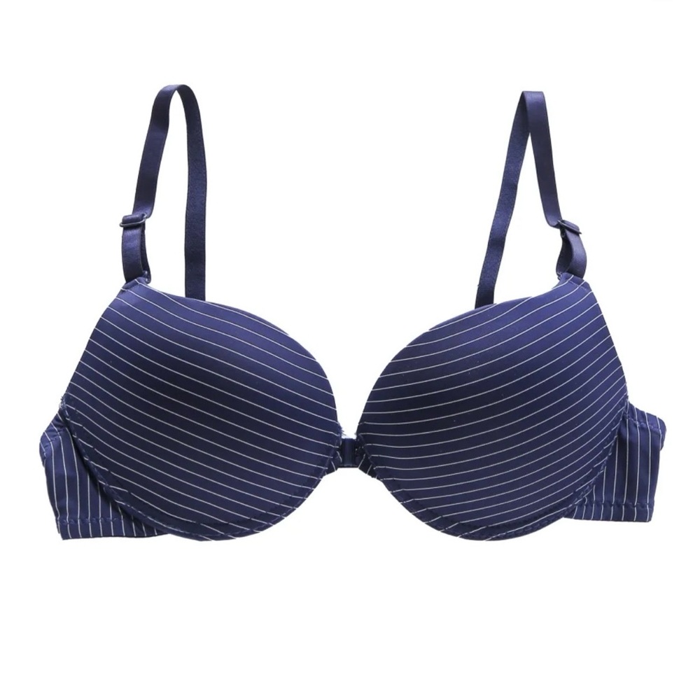 Navy front closure stripe Women's Bra